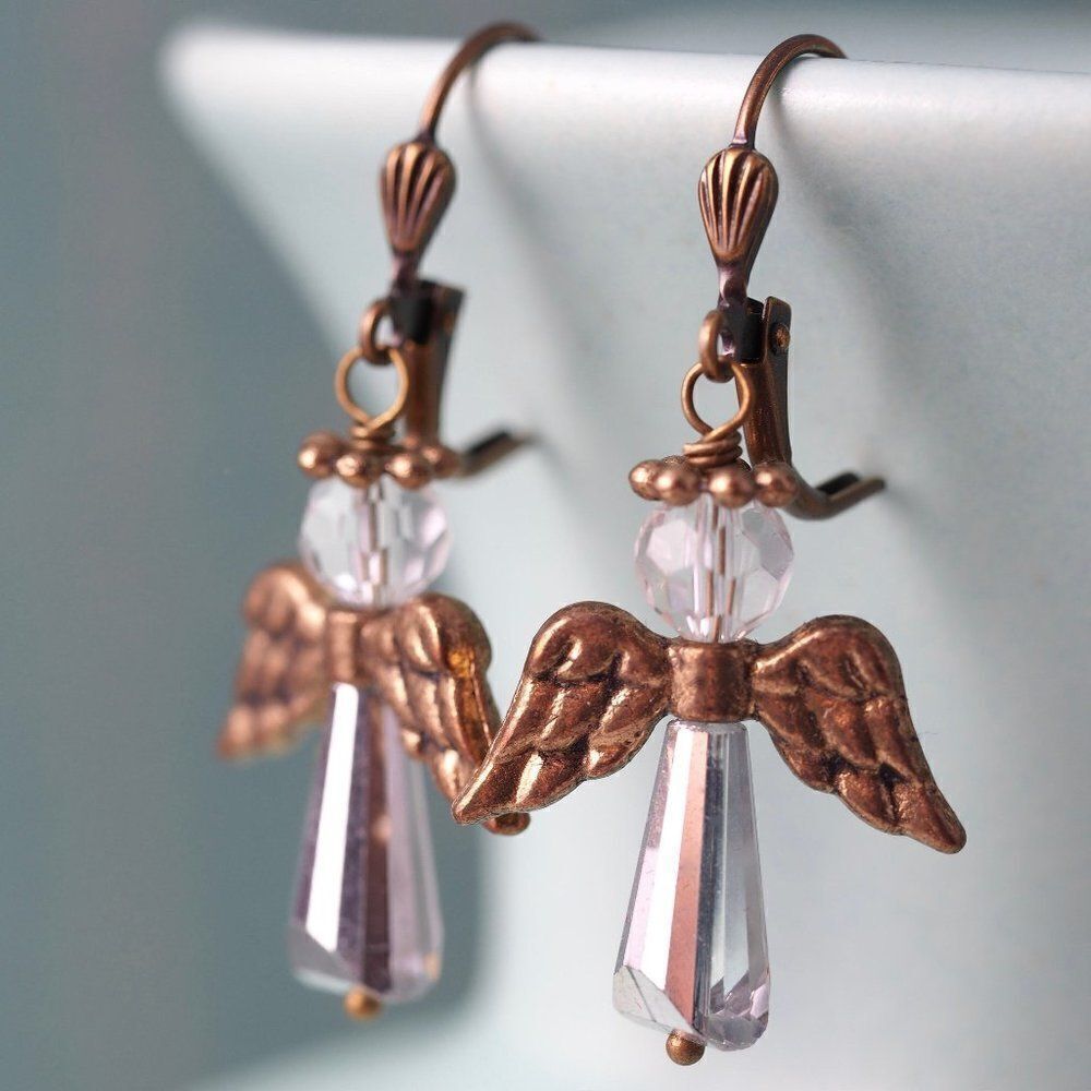 Copper and Crystal Angel Earrings